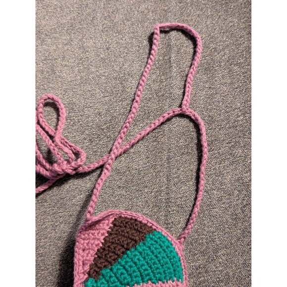 Pink & Green Crochet Bralette By Zara S Cotton Blend Adjustable Ties Geometric - Picture 4 of 6